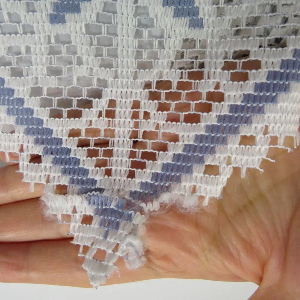 vintage white lace swag valance with a blue pattern & triangle edge